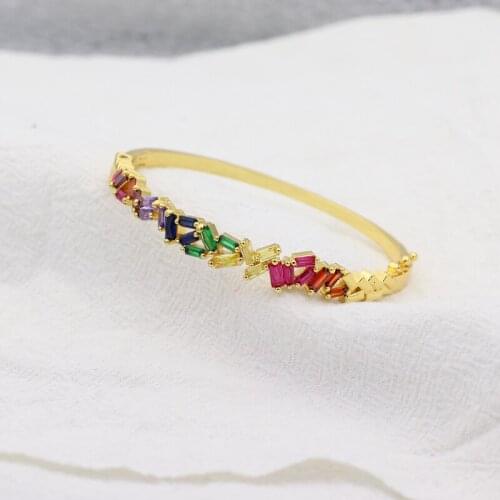 Rainbow Baguette Crystal Zirconia Gold Color Cuff Bangles For Women Girls Micro Pave CZ Bracelet Fashion Jewelry