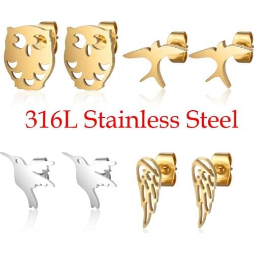 100% 316L Stainless Steel Night Owl Humming Bird Swallow Stud Earring for Women Wholesale Never Tarnish Simple Jewelry Gift