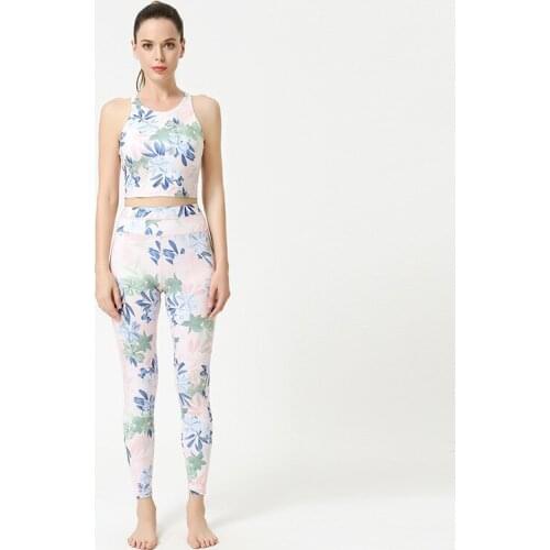 Floral Print Yoga Sportswear Suits Running Women Two Pcs Set Crop Vest High Waist Pants Harajuku Sports Skinny Suit Gym Outfits