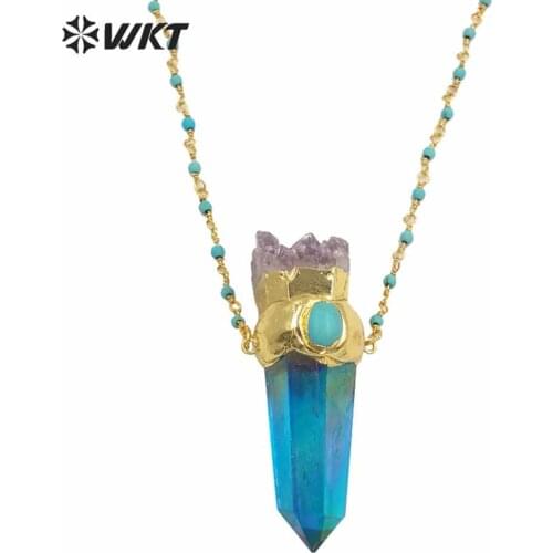 WT-n1252 Amazing colorful stone beads necklace fashion gold electroplated Aura spirit quartz healing necklace