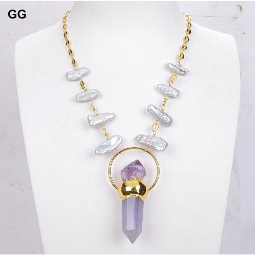 GuaiGuai Jewelry 18" Freshwater Grey Biwa Pearl Chain Necklace Amethyst point Raw Pendant