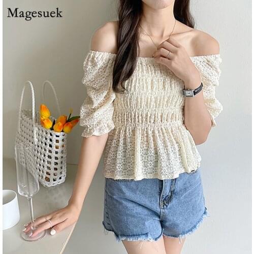 New Short Sleeve Summer Simple Tops Sexy Slash Neck Clavicle Puff Sleeve Shirt Female Hollow Out Pleated Slim Waist Blouse 14075