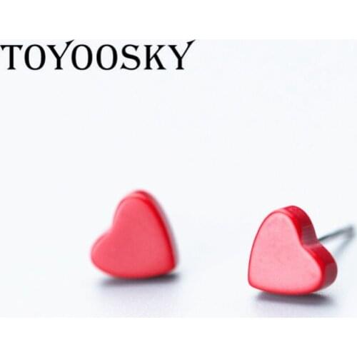 TOYOOSKY New Collection 925 Sterling Silver Red Heart Shape Stud Earrings for Women Weddings Fashion Jewelry Gift