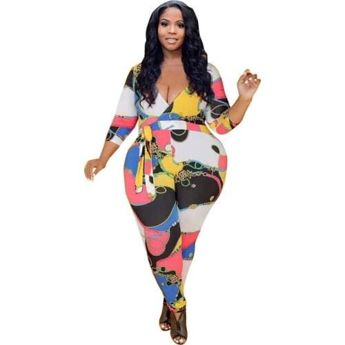 V-neck Printed Large Size Skinny Jumpsuit Bodycon One Piece Bodysuit Overalls for Women One Piece Jump Suit Sexy Clubwear