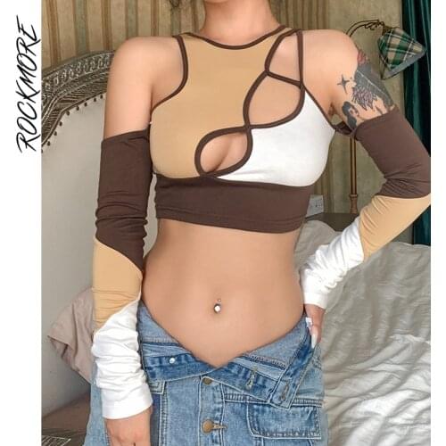 Rockmore Sexy Patchwork Hollow Out Crop Top Women Off Shoulder Long Sleeve T Shirt Clubwear O-Neck Tee y2k Vintage Slim T-Shirt
