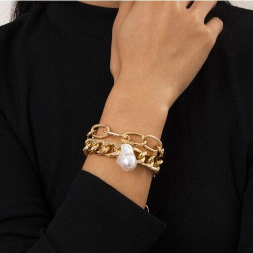 AE-CANFLY Baroque Punk Pearl Big Chain Bracelet for Women Retro Simple Luxury Female Banquet Jewelry Gift