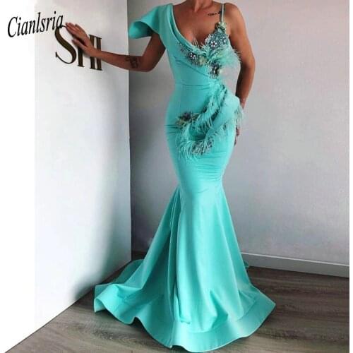 Turquoise Muslim Evening Dress 2020 Mermaid V-neck Feather Crystals Islamic Dubai Saudi Arabic Long Formal Evening Party Dresses