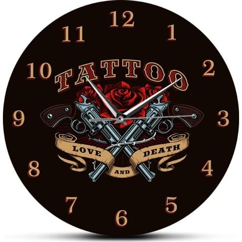 Tattoo Studio Sign Decorative Wall Clock Pistol And Rose Love and Death Old School Man Cave Wall Decor Silent Quartz Wall Watch