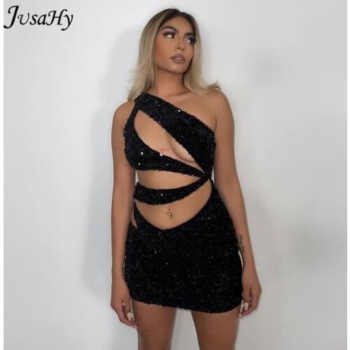 JusaHy Summer Black Sexy Slim Mini Dresses for Womens Clothing Backless Hollow out Party Clubwear Bodycon Mini Dress Female