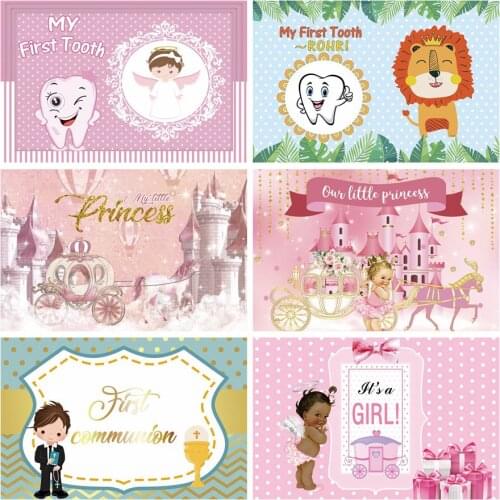 Laeacco Pink Blue Angel My First Tooth Photography Backdrop Animal Safari Celebrate Baby Birthday Party Backgrounds Photo Studio