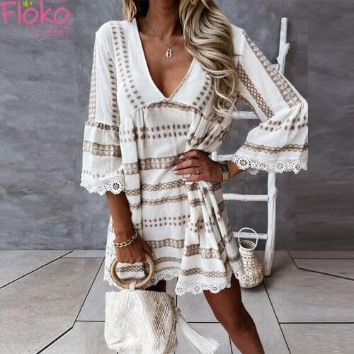Flokocloset Summer V-Neck Lace Bohemian Mini Dress Casual Three Quarter Party Elegant A-LINE Dresses