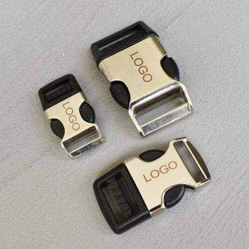 LOGO 100 Pcs 15/20/25mm Metal Quick Side Release Buckles LaLaser Engraving For Bag Luggage Outdoor Backpack strap Belt Webbing