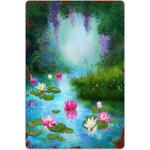 Metal Signs Fantasy Pond with Water Lilies Floating Romantic Lotus Fairy Tale Digital Art Tin Sign Wall Iron Painting Wall Decor