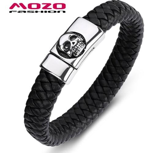 Fashion Bangle New Men Bracelet Black Leather Skeleton Stainless Steel Magnet Buckle Male Skull Punk Hot Jewelry PS2094