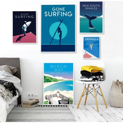 Cartoon Travel Landscape Surf Girl Canvas Wall Art Poster Nordic Print Painting Sea Beach Decoration Pictures Modern Home Decor
