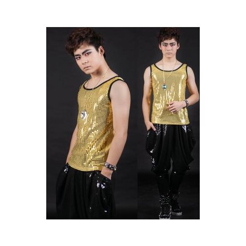 Round collar yellow Singer stage mens leather vest men brand roupas masculinas sexy tank 1 camisetas regatas Customizable