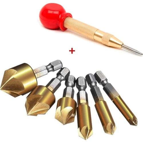 7pcs Countersink Punch Set HSS Titanium Coated Countersink Drill Bits 90 Degree 5 Flutes Countersink Bit with Center Punch