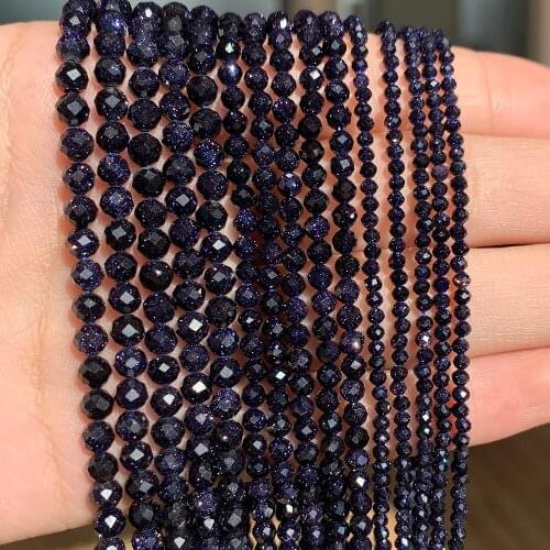 Natural Blue Sandstond 2/3/4mm Faceted Mineral Loose Beads for Jewelry Making DIY Christmas Gift Bracelets 15'' Tiny Stone