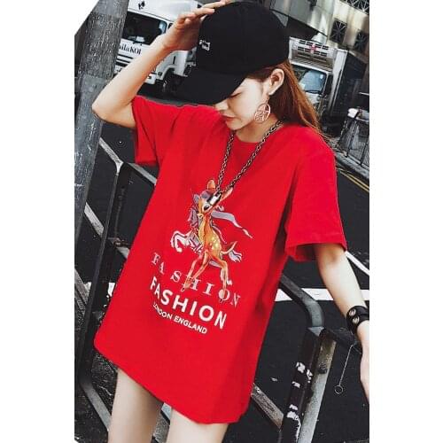Neatie kiddie Summer Short Sleeve Streetwear Cartoon Deer Print T-shirt Women Tops Clothes Red Harajuku T shirt Female
