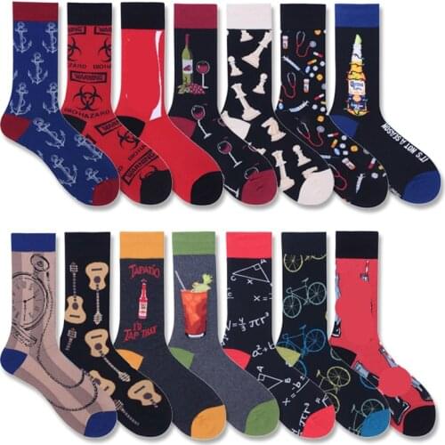Men Socks Fashion Cartoon Cola Red Wine Guitar Bike Anchor Funny Harajuku Hip Hop Street Style Happy Casual Skate Cotton Socks