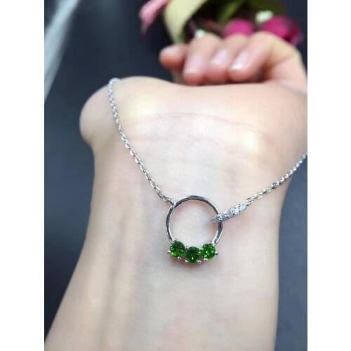 Natural green diopside stone Necklace natural gemstone Pendant Necklace S925 silver girl Elegant simple circle round Jewelry