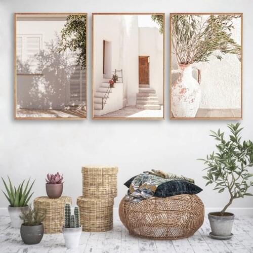 Pastel Spain Summer Village Canvas Wall Art Poster Print Mediterranean Landscape Travel Floral Leaves Home Wall Painting Picture