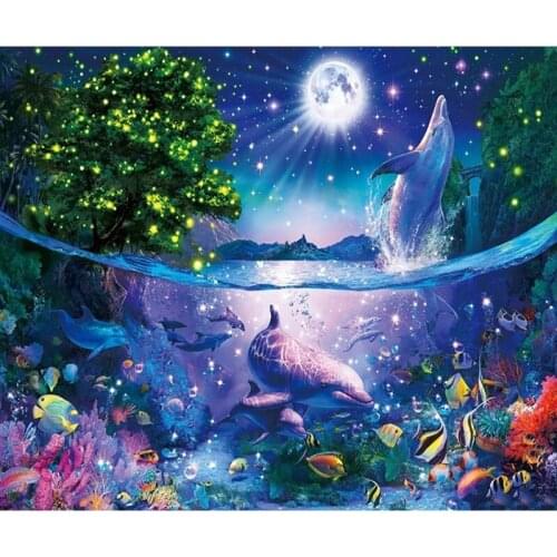 Full DIY Diamond Painting kit Moonlight Dolphin Cross Stitch Diamond Embroidery Patterns rhinestones Mosaic home decor