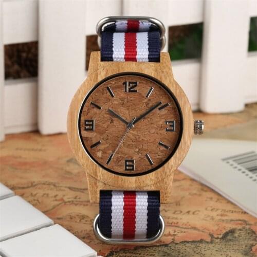 Stylish Bamboo Watch Case Men Women Nylon Wristband Quartz Wristwatch Unique Crack Round Dial Black Analog Casual Wooden Clock