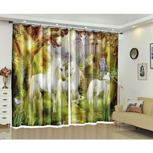 Leaf blackout Curtains White horse Luxury3D Window Curtain Living Room kids Bedroom Cortina Drapes Rideaux Customized pillowcase