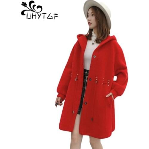UHYTGF Hooded Casual Autumn Winter Coat Womens Fashion Mink Fleece Warm Jacket Beading Loose Plus Size Top Cardigan Female 1184
