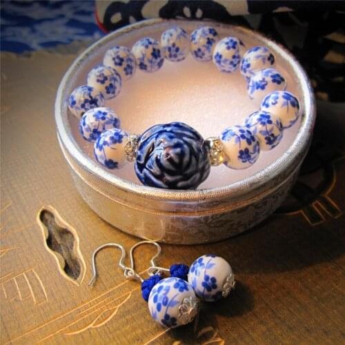 Vintage Female Ceramic Bead Jewelry Set Charm Silver Color Dangle Earrings For Women Cute Bride Round Wedding Chain Bracelet