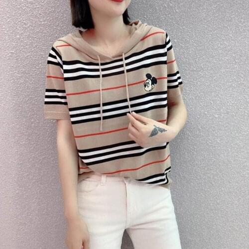 Disney 2021 spring and summer relaxed Mickey embroidery T-shirt womens stripe hooded Pullover short sleeve top