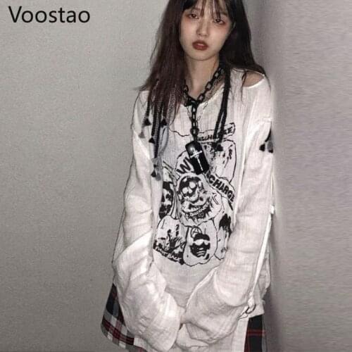 Autumn Gothic Skull Print Loose T-Shirts Fashion Girls White Off Shoulder Long Sleeve Tees Spring Women Harajuku Y2K Punk Tops