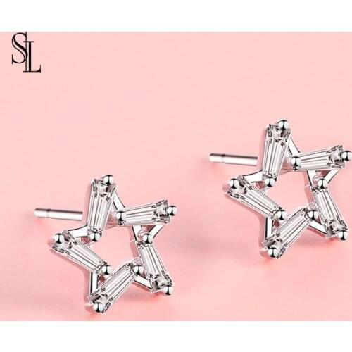 SL 925 Sterling Silver Jewelry Star Design Stud Earrings Zirconia For Women Lady Gift 2020 New Simple Fashion