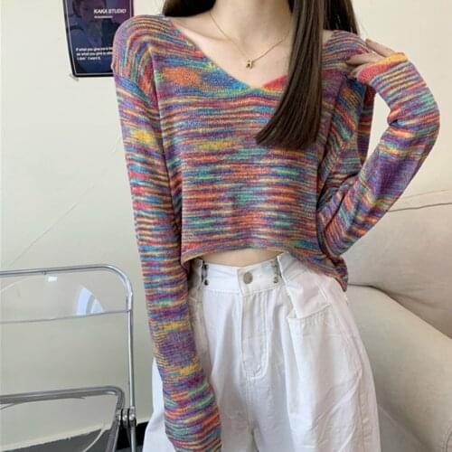 Vintage Women Sweaters V-Neck Pullovers Ladies Knitting Short New Casual Colorful Popular Sexy College Long Sleeve Chic Knitwear