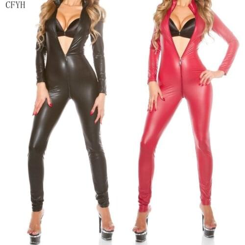 Plus Size 5XL Faux Leather Wetlook Sexy Lingerie Hot Catsuit Women Full Body Pantyhose Long Jumpsuits Latex Vinyl Clubwear