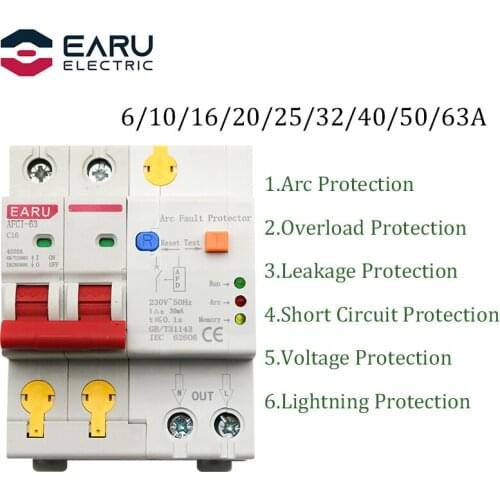 220V 2P AFDD AFCI Arc Fault Protector Dector Circuit Breaker Interrupte Overload Earth Leakage Short Circuit Voltage Protection