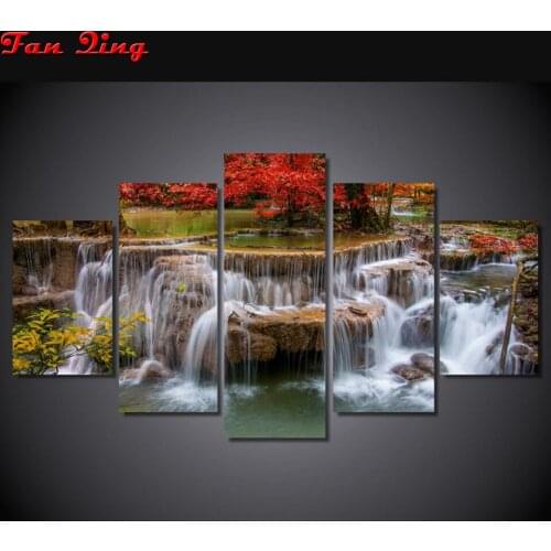 5 pcs Full square diamond painting Maple Leaf Waterfall diamond embroidery round drill mosaic diamond art landscape decor