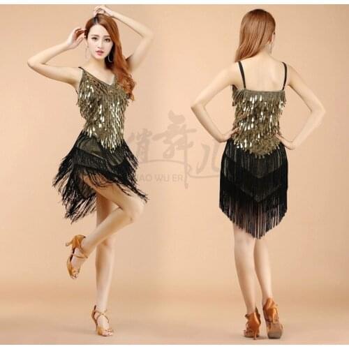 Free-shipping New Sequin Fringes Latin dance Skirt Sexy stage Performance Adult dancing Ballroom Suit Dresss