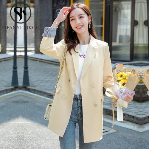 Blazers Coat Women Double Breasted Long Sleeve Loose Formal Suit Coat Lady Office Casual Long Blazer Jacket Outerwear 2020 New