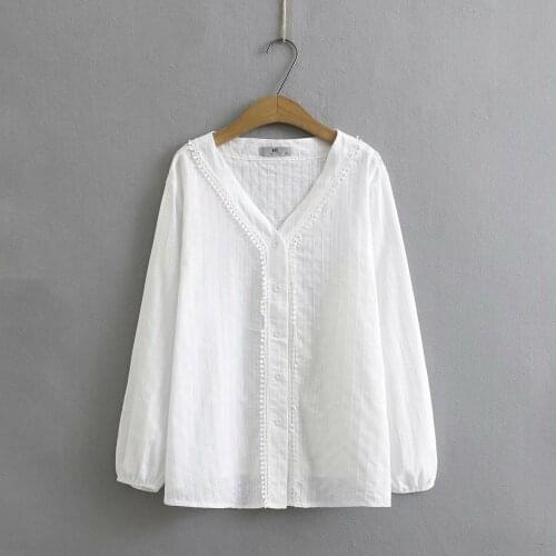 Plus size Cotton jacquard white women shirts 2021 new casual ladies spring autumn V-Neck blouse female tops oversize