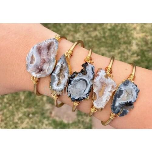 BM14717 Agate Geode Slice Bracelet Cuff Raw Brass Minimalist Gold Bracelet Agate Stone Bracelet Boho Druzy Jewelry