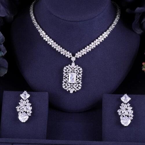 Janeklly trendy Wedding Necklace Earrings For Women Accessories Clear Cubic Zirconia Bridal Jewelry Sets Jewellery sets