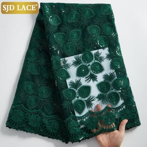 SJD LACE Green African Lace Fabric With Sequins French Mesh Lace Fabric Embroidery Soft Milk Silk For Wedding Party Dress A2306