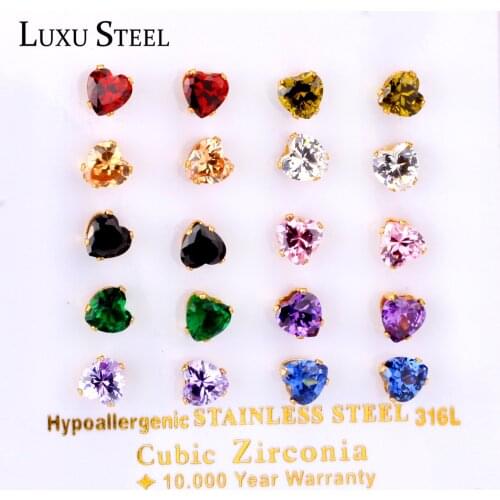 LUXUSTEEL 10pairs/Card Stainless Steel Gold Color Shiny Colorful Heart Crystal Zircon Stone Small Stud Earrings Set Wholesale