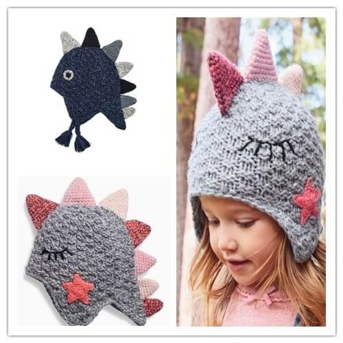 New Style Autumn Winter Childrens Knitted Hat Hand-Woven Ear Protection Baby Childrens Girls and Boys Little Dinosaur Hat