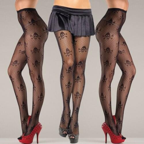 Sexy Womens Perspective Pantyhose Halloween Mesh Net Stockings Skull Print Thin High Waist Tights Hot Exotic