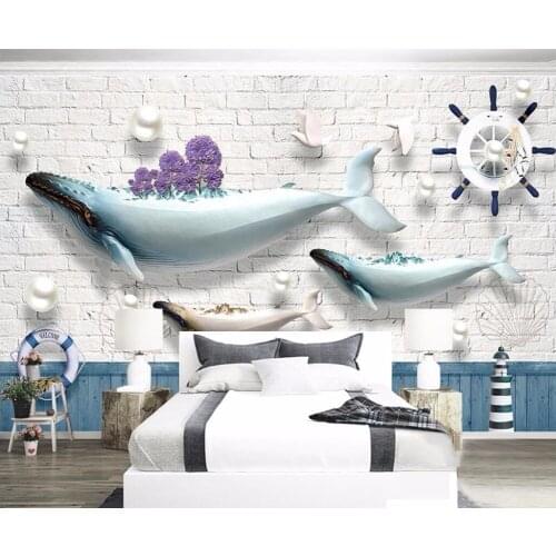 CJSIR Custom Photo Wallpaper Mural Sticker Ocean Whale Lighthouse Sailing Boat Brick Mediterranean Continental Backdrop Wall
