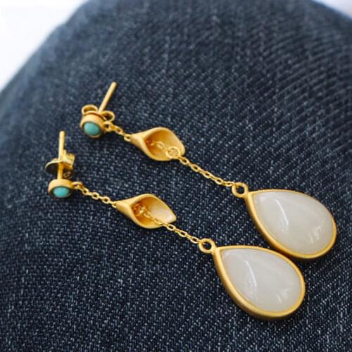 Silver inlaid natural Hetian white chalcedony drop-shaped long earrings Chinese retro niche design charm womens brand jewelry