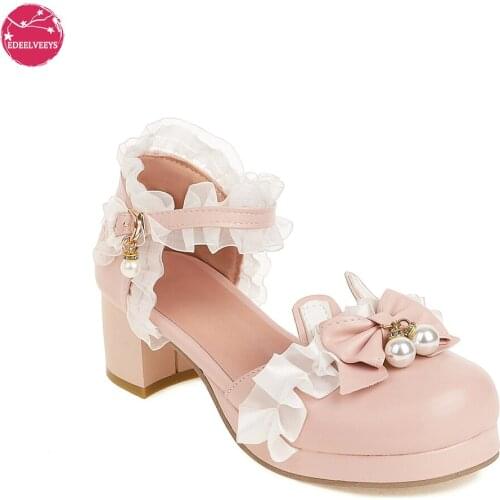 Fashion Women Ankle Strap Med Heels Bow Platform Round Toe Pumps Leather Summer Lolita Sweet Shoes with Pearl Lace Rabbit Ear